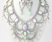 MADE TO ORDER hand painted statement bib necklace and chandelier drop earring set, in lilac and mint. "Princess Bride".