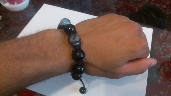 Black Onyx and Fire Agate Silk Shamballa Bracelet