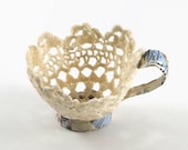 Lace Teacup - Doily and Vintage Atlas Paper Vanilla Cream Teacup - Holds jewelry, keepsakes and trinkets