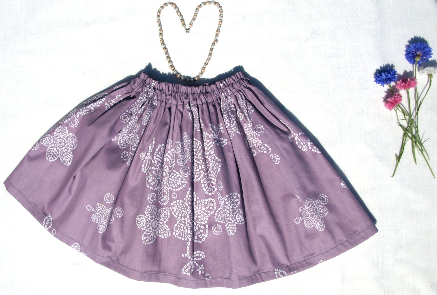 Girls skirt - purple with white flowers, cotton - Ready to ship - 6/7 years or custom order 2T-3T, 4-5, 6-7, 8-10 Years, with GIFT