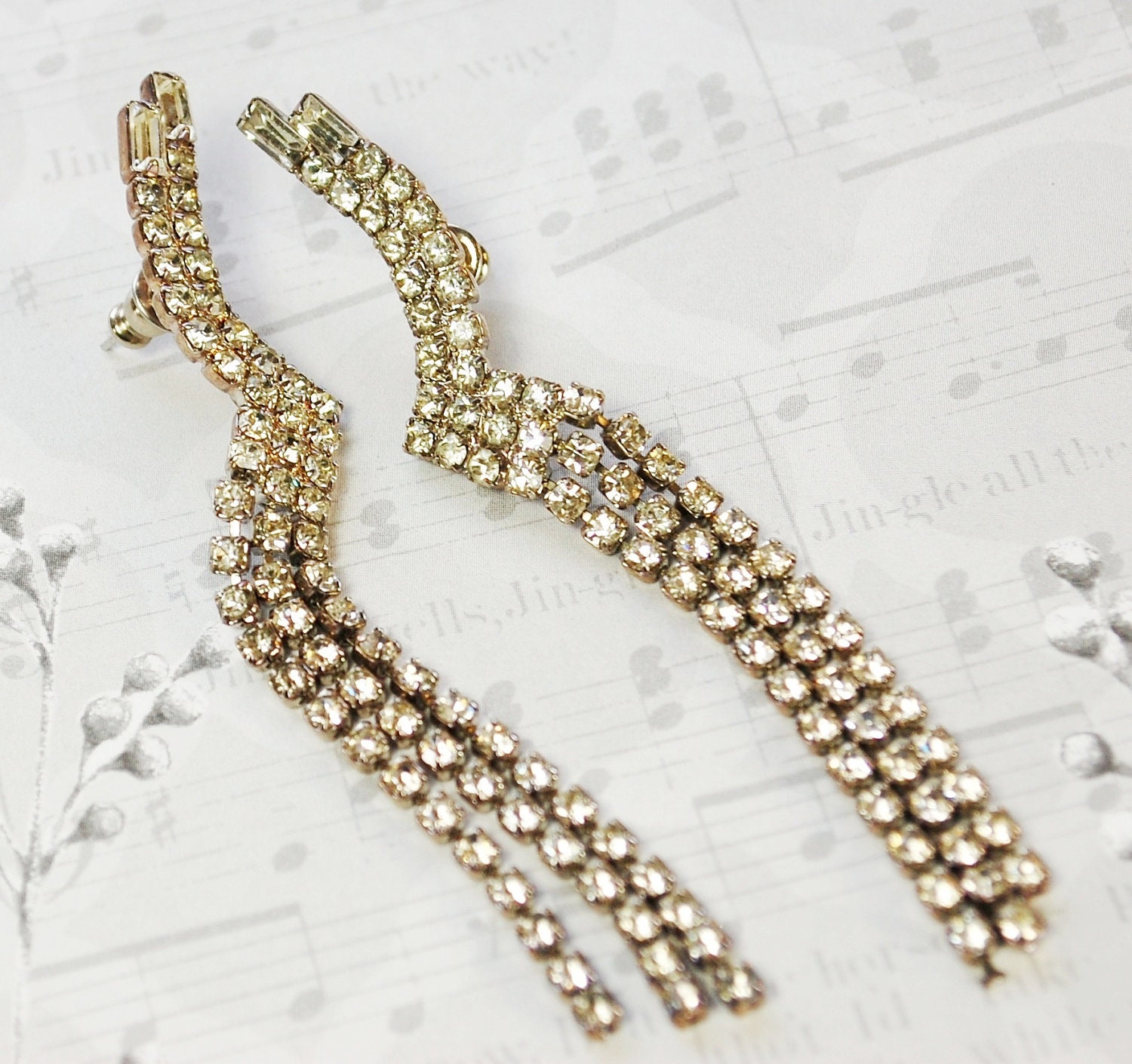 Vintage LONG Rhinestone Dangle Earrings, Baguette Crystals, Silver Tone, Pierced, 1970s, Wedding Bridal Costume Jewelry