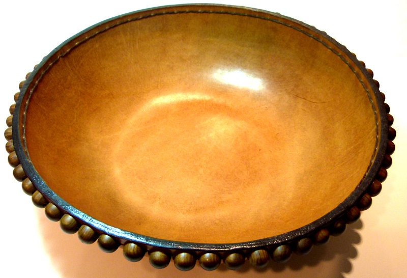 Molded Leather Bowl / Tooling leather / hand stiched / Wood Buttons / Vegetable Tanned