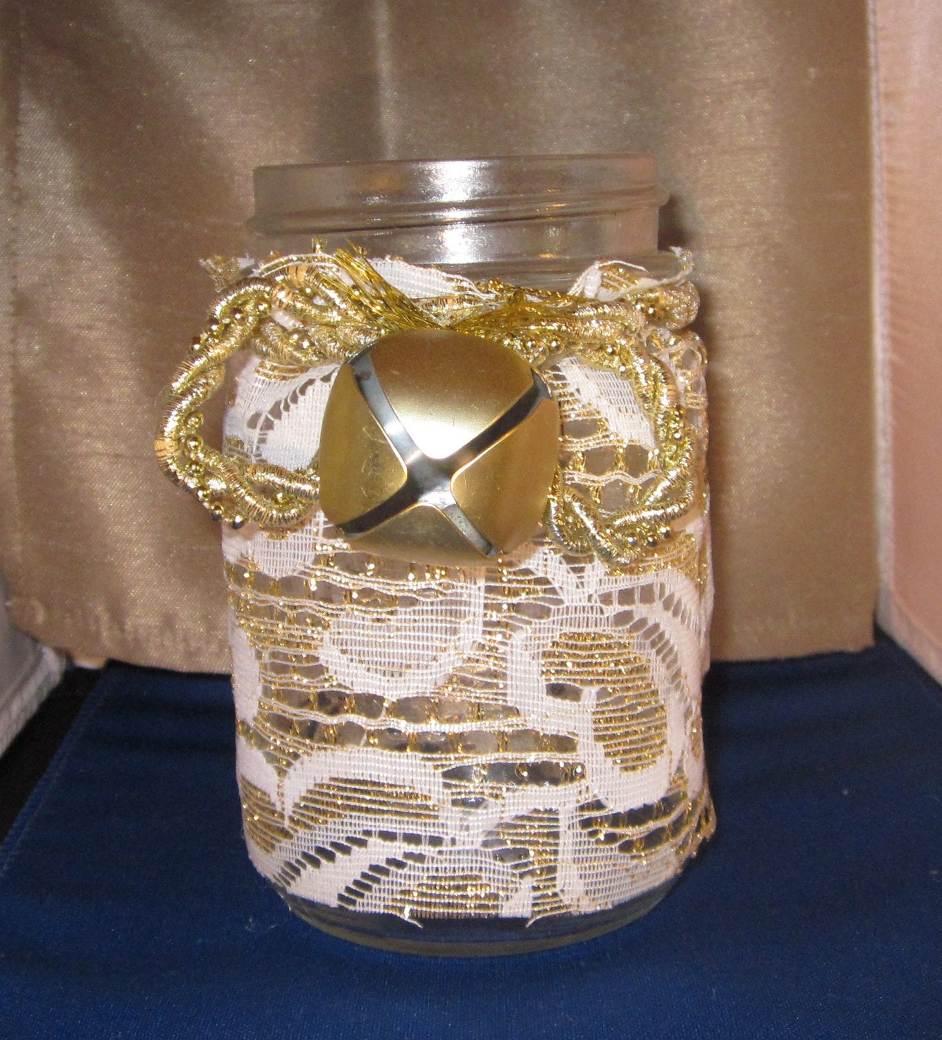 Mason Jars, shabby chic, tealight, lace and gold, Christmas Luminary candle holder wedding center piece