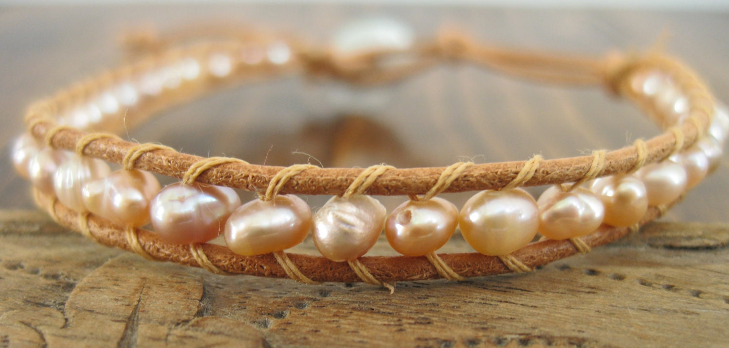SALE Pink Pearl Leather Wrap Bracelet