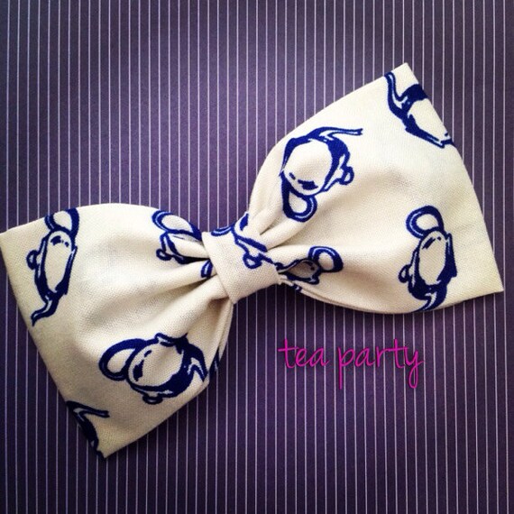 Tea party fabric cobalt blue ivory hair bow