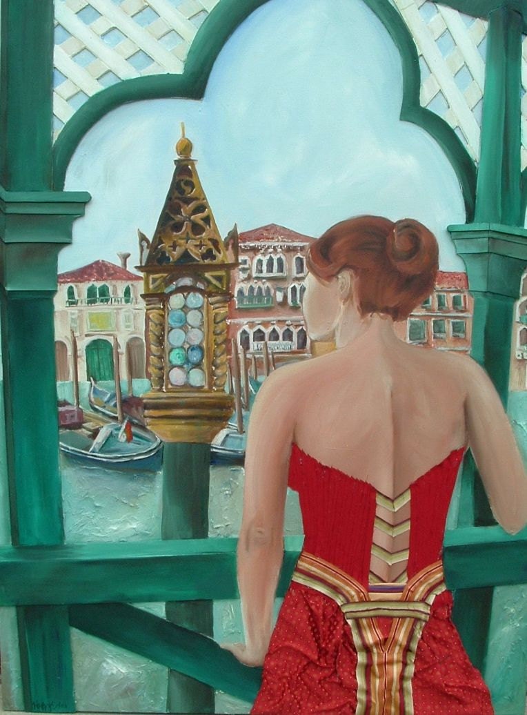 Large Shabby Chic Venice Painting: Oil Painting made with Wood, Fabric, Tissue Paper, and Oil Paint