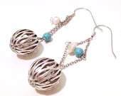 Bohemian Earrings, Boho Chic, Ball charm, Dangle, Turquoise,  Pearly Beads, Asymmetrical, 925 silver, Clip on earrings
