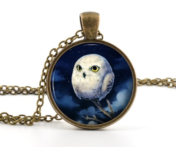 Owl Pendant Necklace - Owl Jewelry - Antique Style Bronze Baby White Owl Bird Art - Picture Pendant - Gift Bag Included