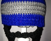 Crochet, Beard Beanie, in style beard hat, blue and gray beanie, please include SIZE in order