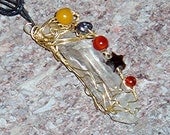 Wire wrapped natural quartz crystal pendant with gem stones- Unique, Handmade