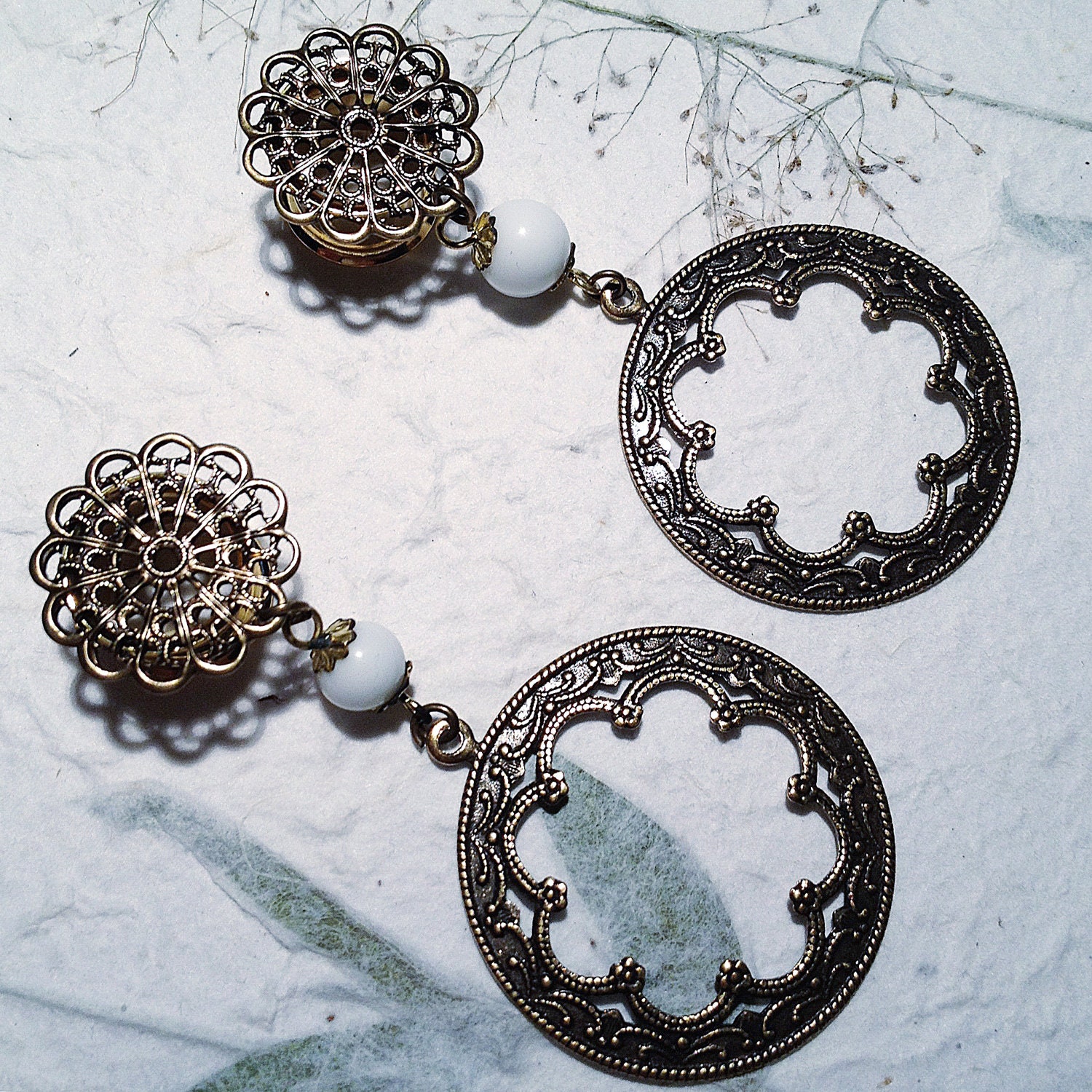 Bronze Dangle Detailed Hoop Plug Earrings by BlueSwallowDesign