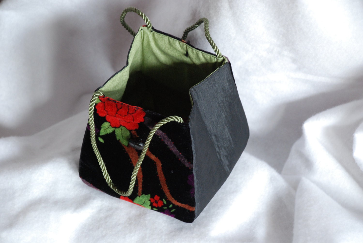 black velvet evening bag.  Colors good for the holidays,