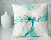 Ring Bearer Pillow, Floral Aqua, vintage floral handkerchief with aqua/teal and green details