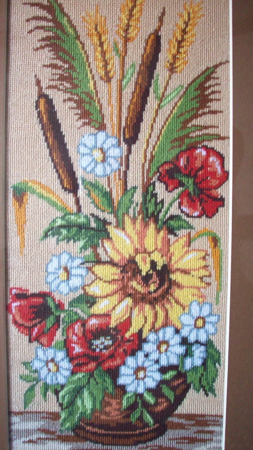Handsewn Wild Flowers  Bouquet- cross stitch embroidery - matted and glass framed