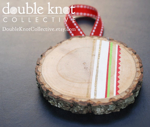 Hand-Painted Christmas Tree Ornament - Wood Slice - Geometric