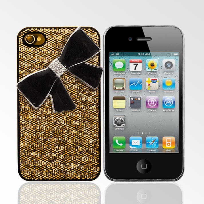 Glitter Case with Black Rhinestone Bow for iPhone 4/4S - Gold - Lollimobile
