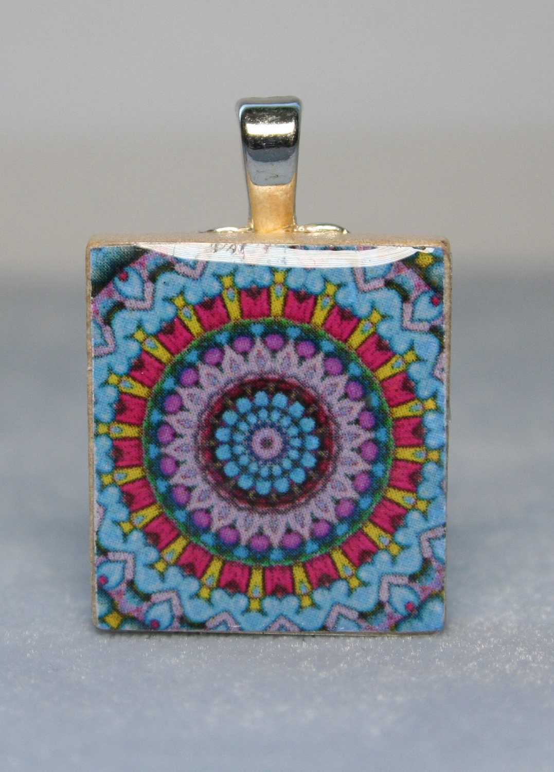 Original Blue, Pink, Purple, Mandala Scrabble Game Tile Pendant: Necklace Charm, Wood Tile Jewelry, necklace chain sold separately