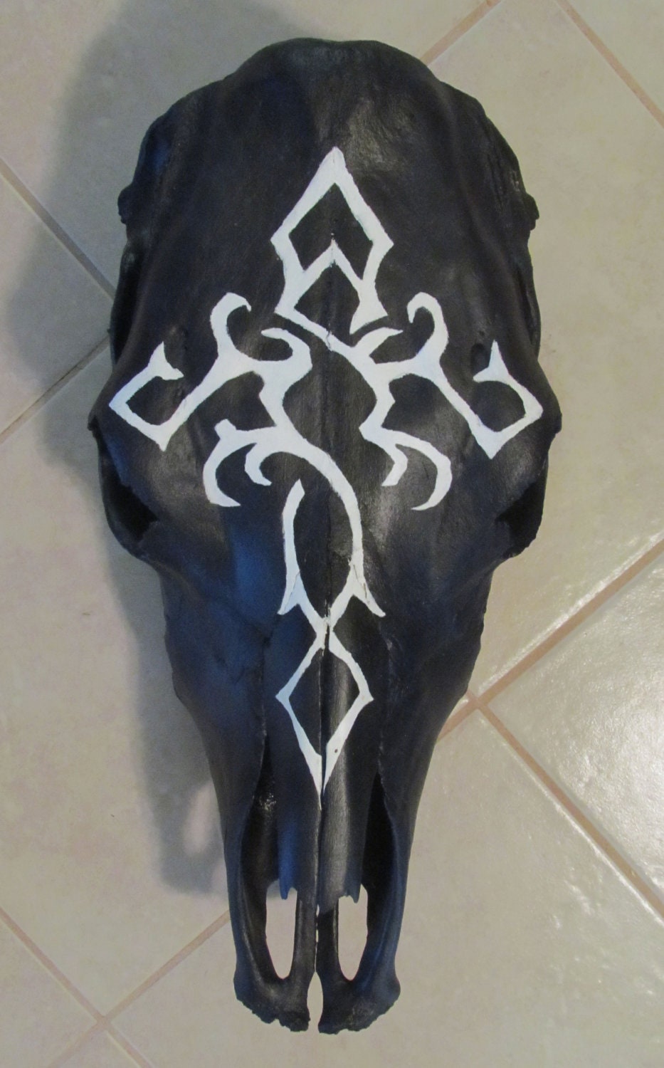 Items similar to Hand Painted Black Cow Skull With White