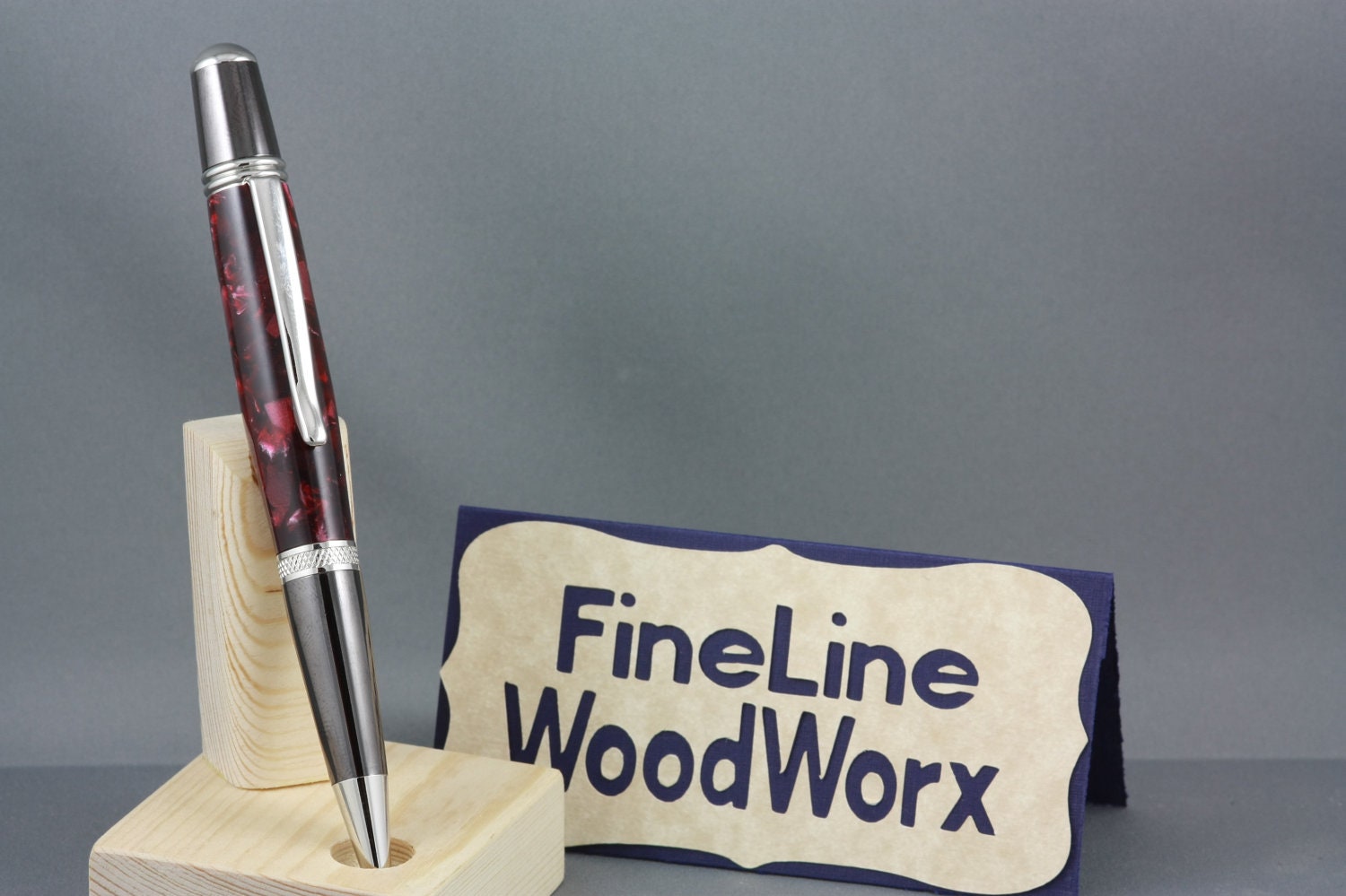 Handmade customBallpoint Writing Pen Sierra Black Titanium and platinum with dark red crush acrylic