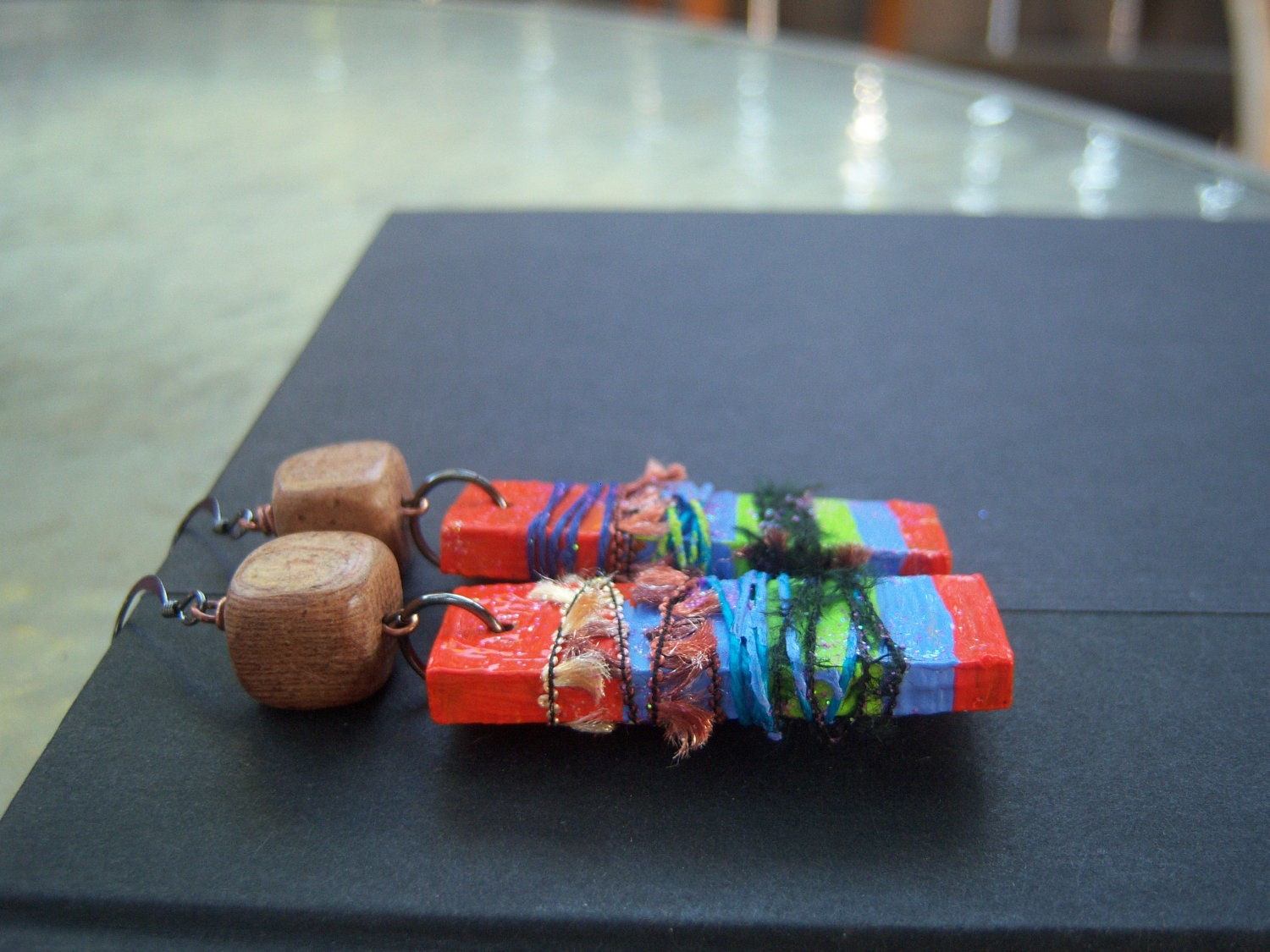 Handpainted Wood Earrings, Wood Art Statement Earrings, Acrylic & Fiber Elements, Abstract Art