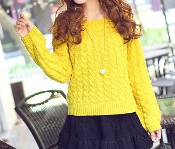 Yellow sweater round collar with long sleeve sweater women sweater Autumn Spring Winter--SW029