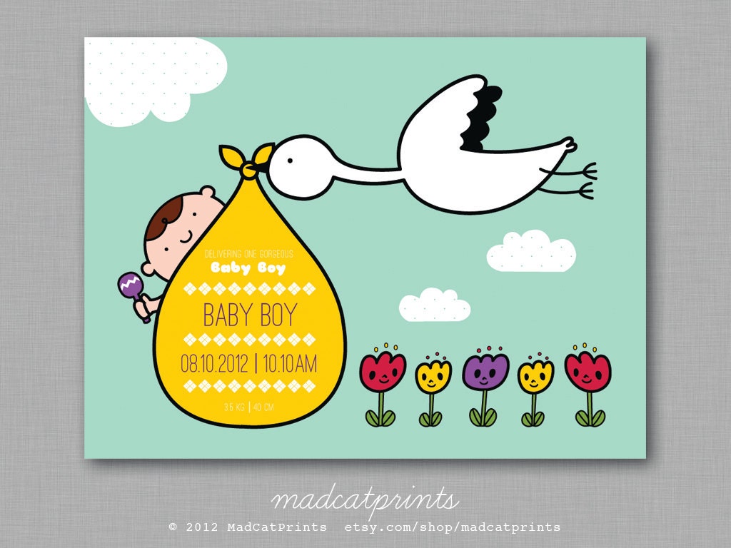 Stork and Baby Bundle Personalized Nursery Art Print