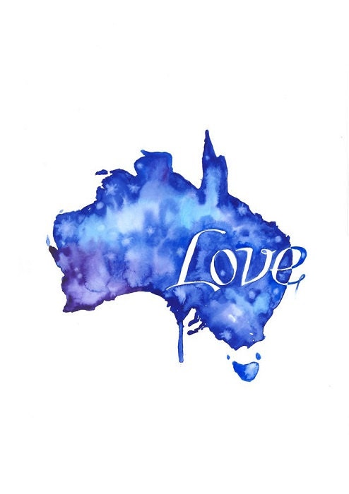 LOVE AUSTRALIA Art Print From Watercolor Illustration, Wall Art Map, Pop Art Blue A4 8,5 x 11"