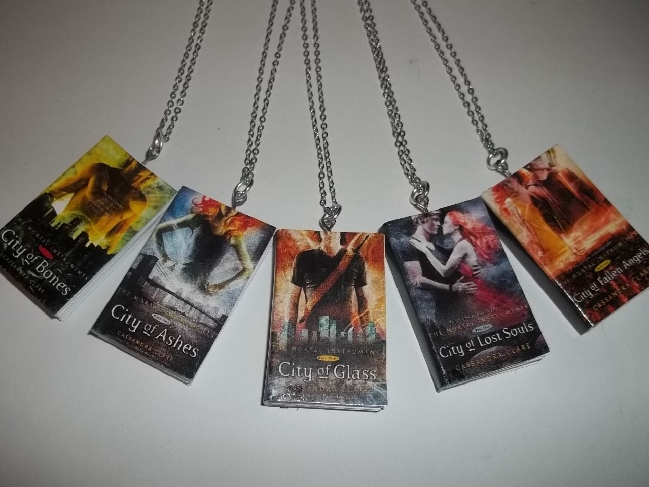 City of Bones, City of Ashes, City of Glass, City of Fallen Angels, City of Lost Souls MORTAL INSTRUMENTS Miniature Book Necklace
