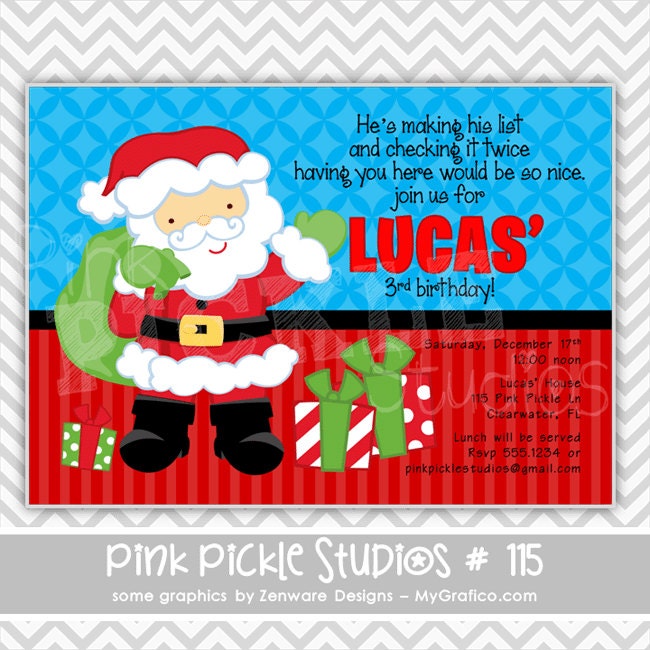 Santa 2: 115 ... Personalized Birthday Party Invitation OR Thank You Card ...Printable / Digital / You Print / DIY / jpg or pdf