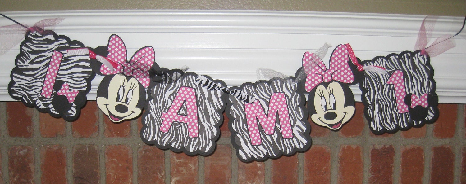 Minnie Mouse I AM 1 High Chair Banner in Zebra Hot Pink & White Polka Dot