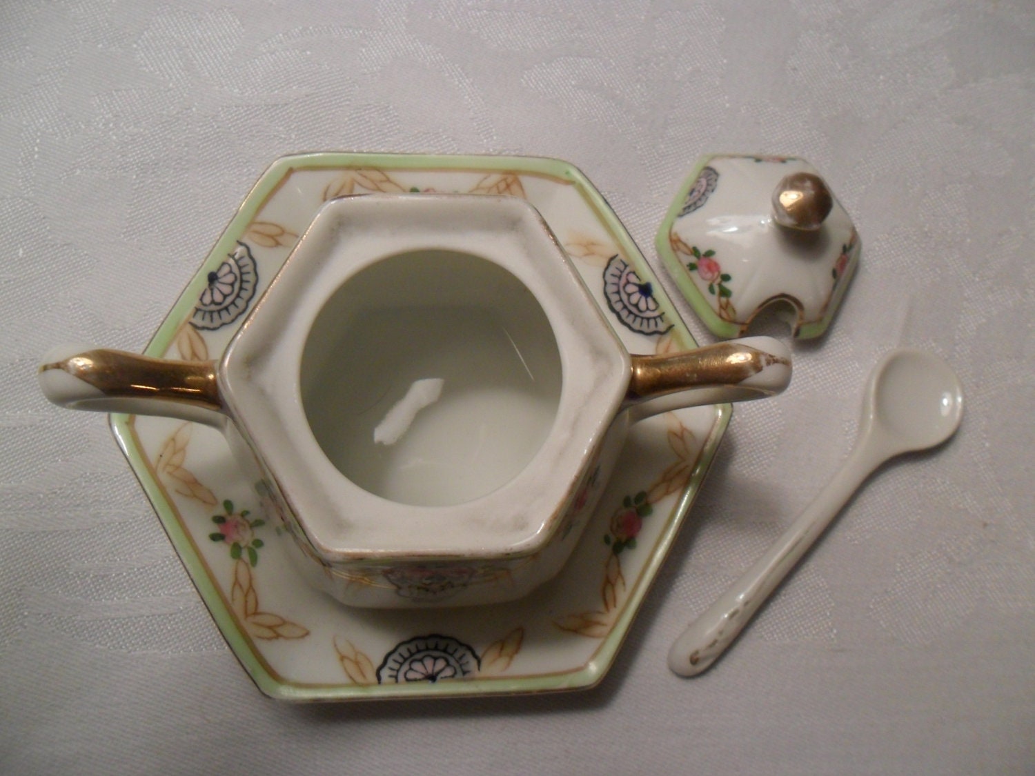 SALE Nippon Mustard Condiment Pot Lid & Spoon Vintage 1910s 1920s 1930s Japan Green Gold Floral Hexagonal from Amelie's Farmhouse FTTEAM