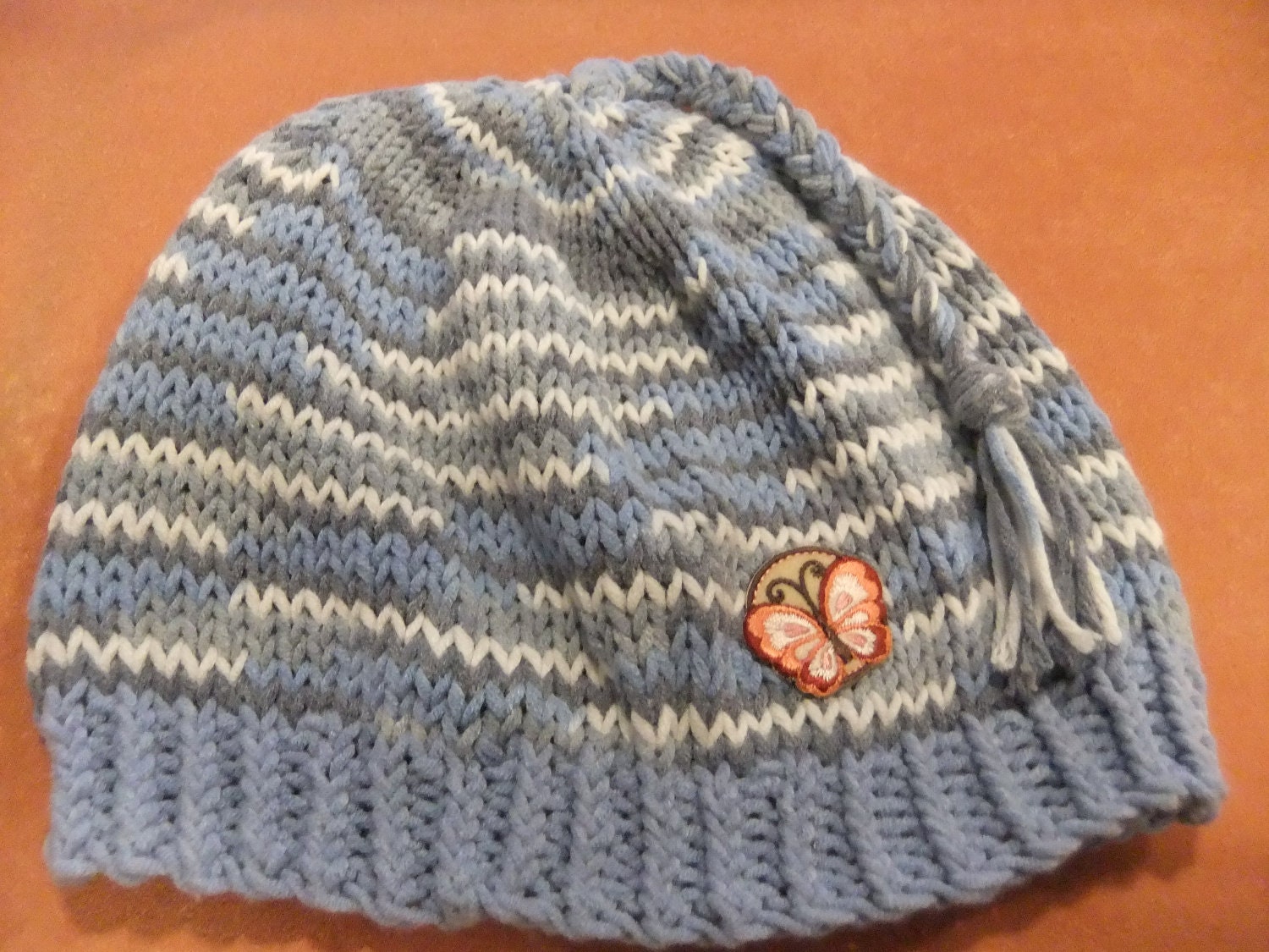 Handmade Boy Girl Hand Knit Blue and Grey Beanie Child Teen Accessory Hat with Butterfly Applique