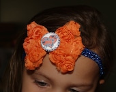Florida Gators-GATOR GIRL-UF-3/8'' royal blue glitter elastic headband-orange rose mesh bow-handmade-baby-toddler-girl-woman