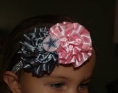 DALLAS COWBOYS-Gray and pink satin rosettes-3/8'' silver glitter elastic headband-star button-HANDMADE-baby-toddler-girl-woman
