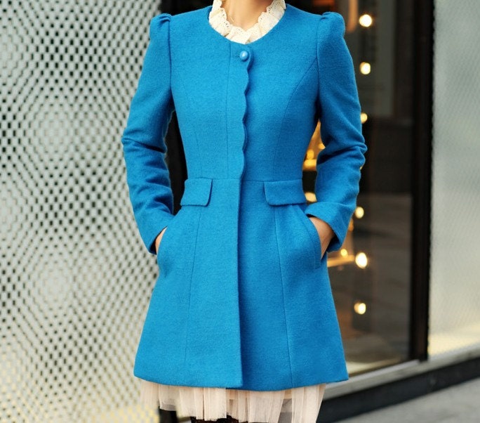 Women Blue OL Wool coat Cashmere winter coat Hood cloak Hoodie cape Hooded Cape/clothing /jacket/dress