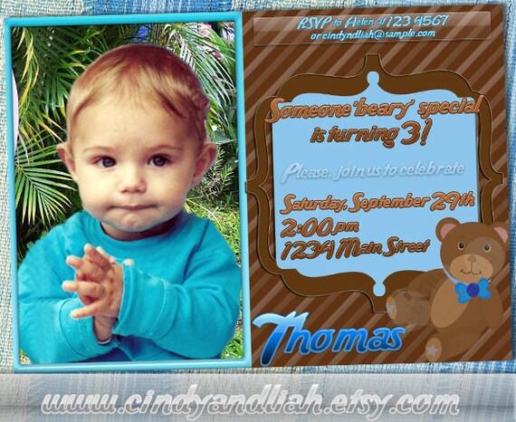 Blue and Brown Teddy Bear Birthday Invitation,Thank You Note, and Label Set - Party Printables Il_570xn