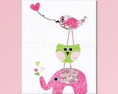 Baby girl art  print, Nursery Art Print, Kids Room Decor, Baby / Children Wall Art -  love bird, elephant, pink and green