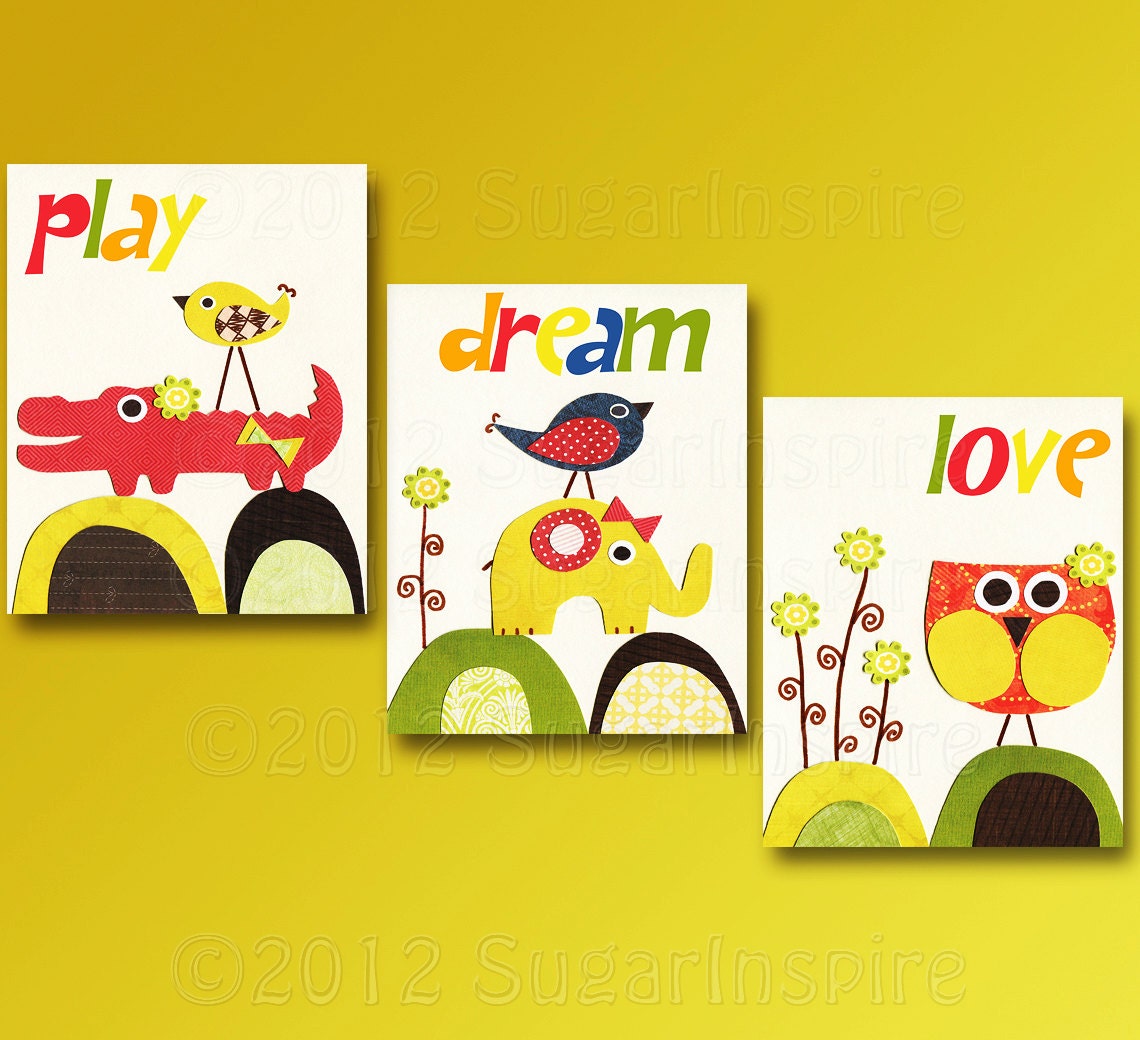 play ,dream, love, Nursery Art Print Set, 5x7, Kids Room Decor, Children Wall Art - Yellow, Grey, Red, playroom,  Elephant, Owl