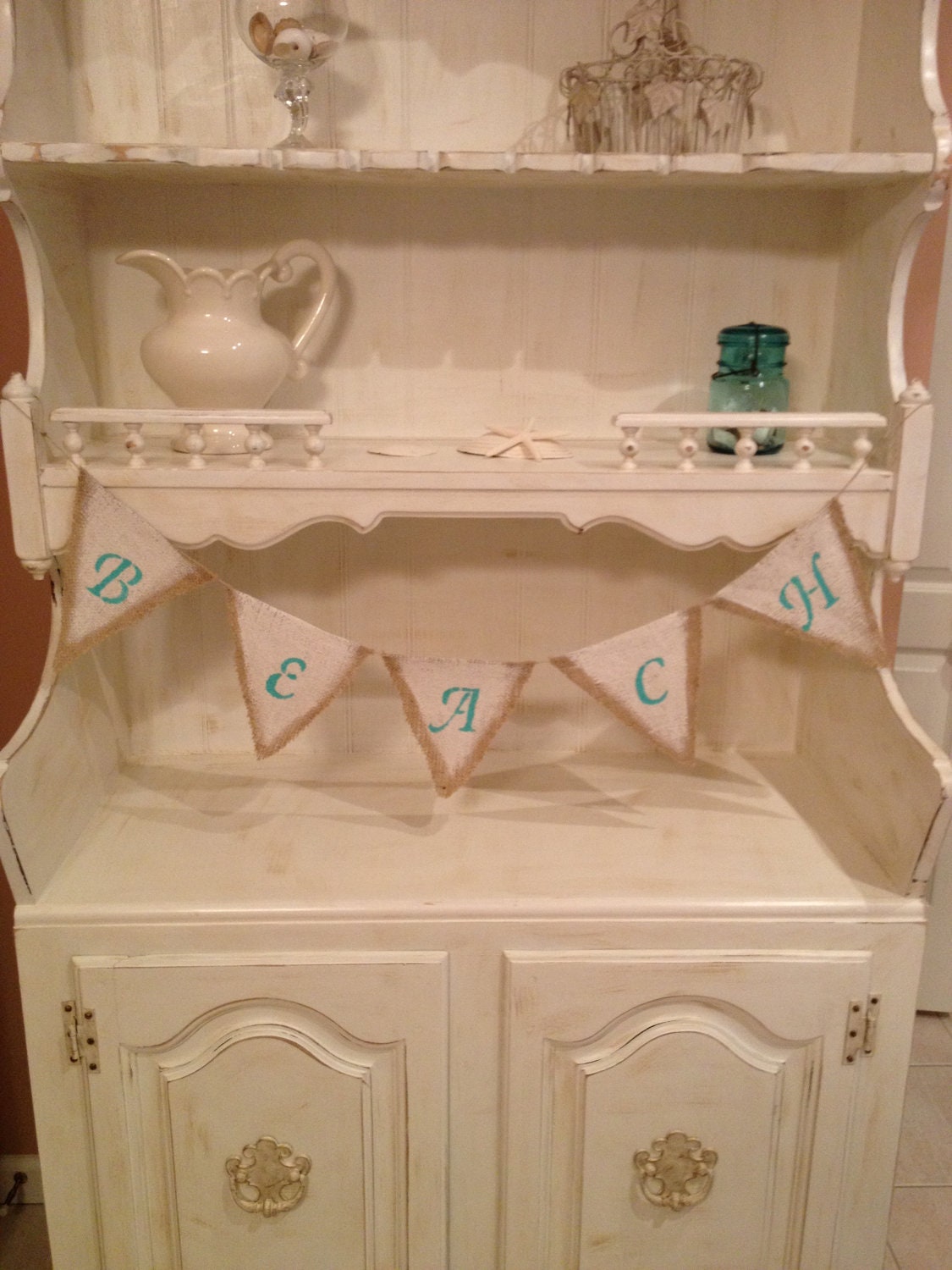 Beach Burlap Bunting Banner, Beach Bunting Banner, Banner Aqua Lettering
