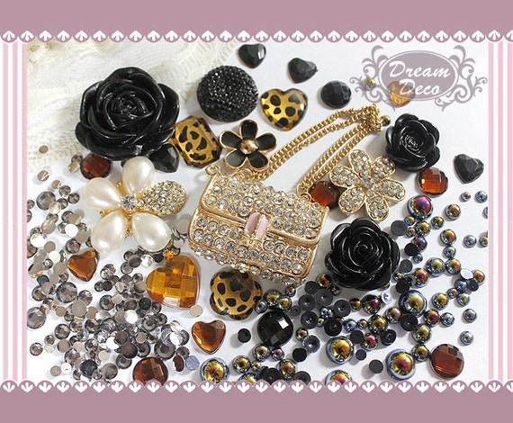 Black & Gold Crystal Handbag Purse Decoden Kit Leopard Alloy Metal Bling DIY cell phone case Cabochon Deco Kit set with rhinestones DS704