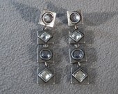 Vintage Gun Metal Silver Tone  Bold Round Square Rhinestone  Dangle Pierced Earrings