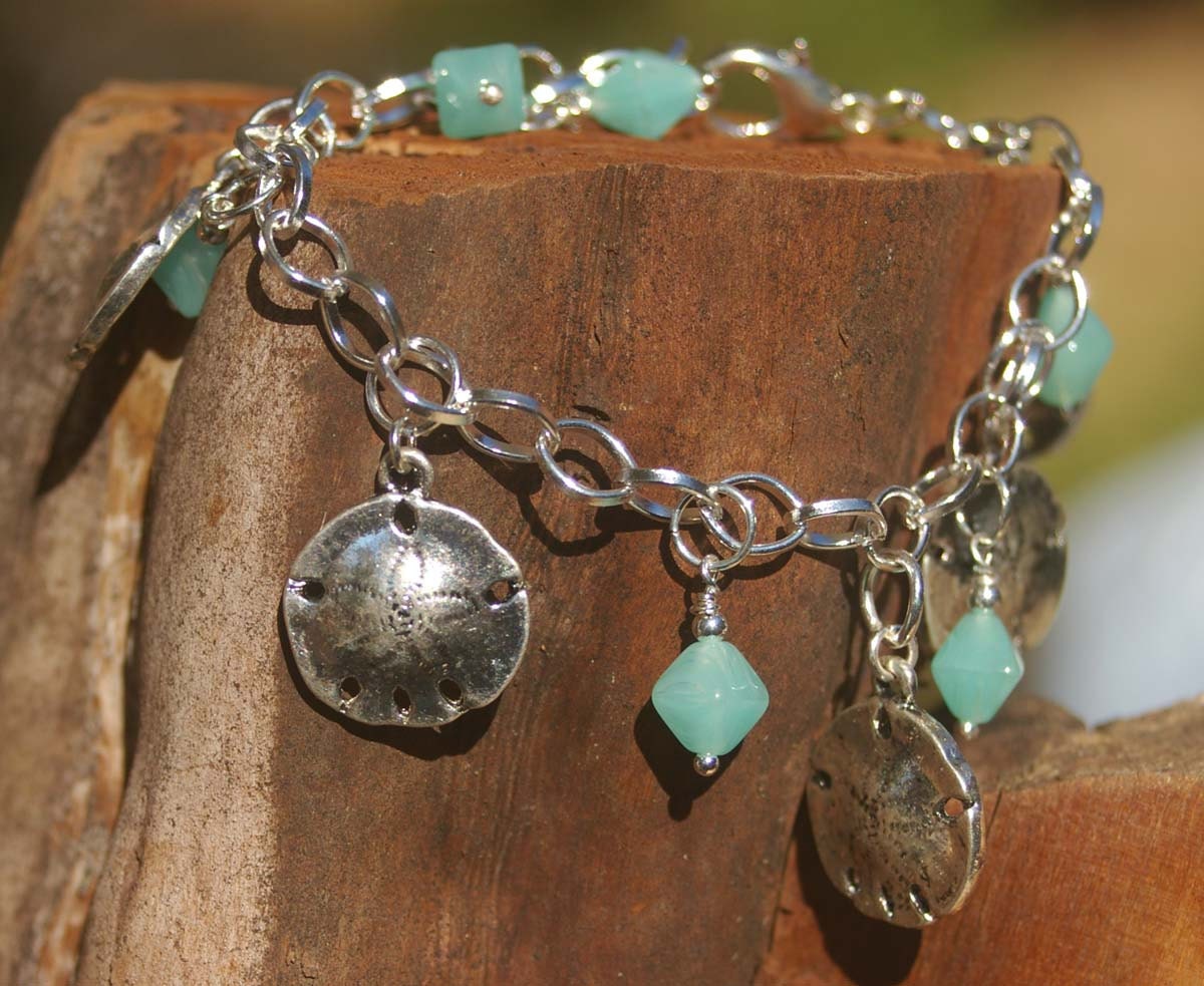 Adjustable Sterling Silver Bracelet with Sand Dollar and Minty Green Czech Glass Beads