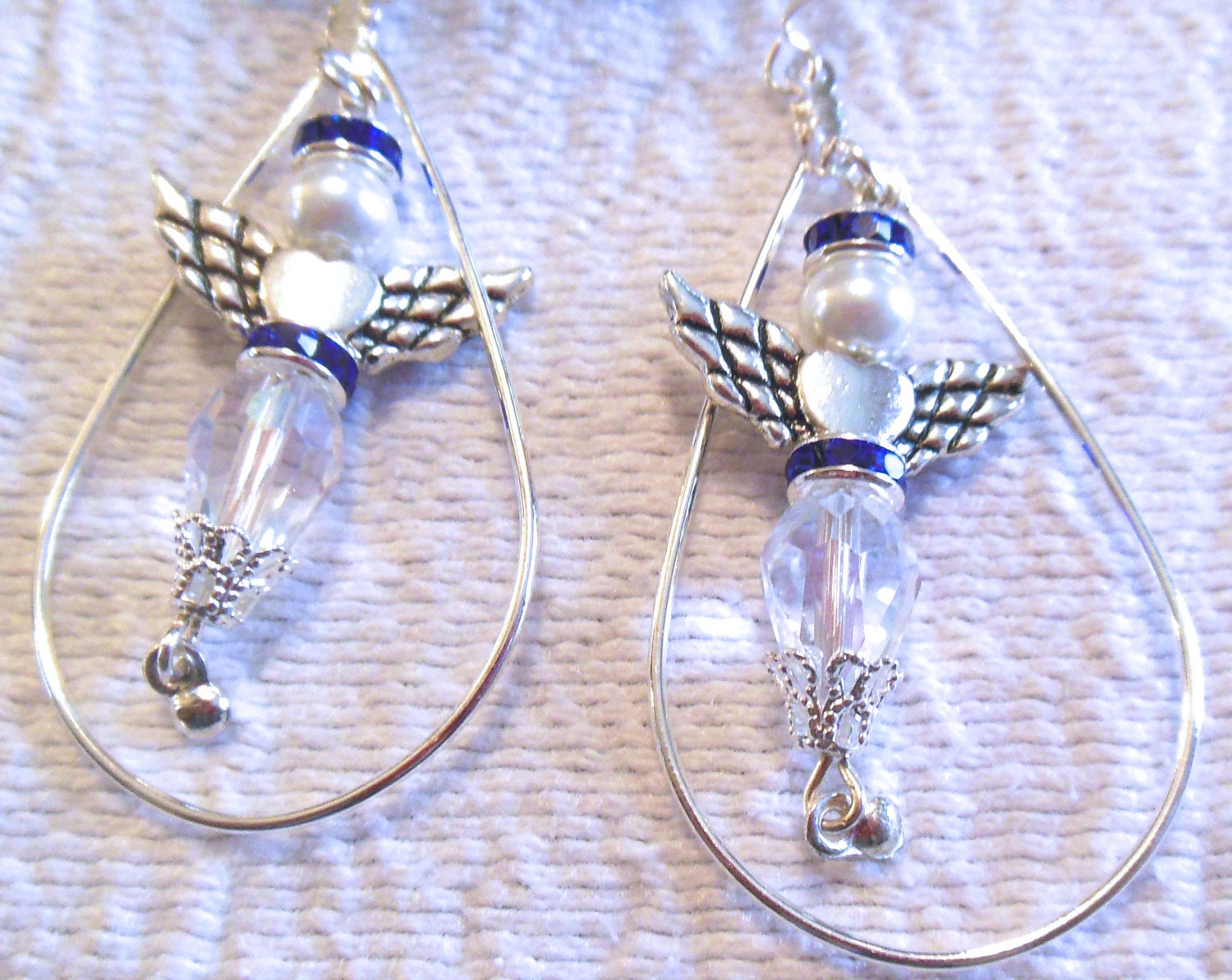 160 - Angel Earrings, Large Silver Teardrop Form, Glass Pearl, Celestial Crystal, Swarovski Blue Rondelles, Fishhook, Silver Wings, Bead cap