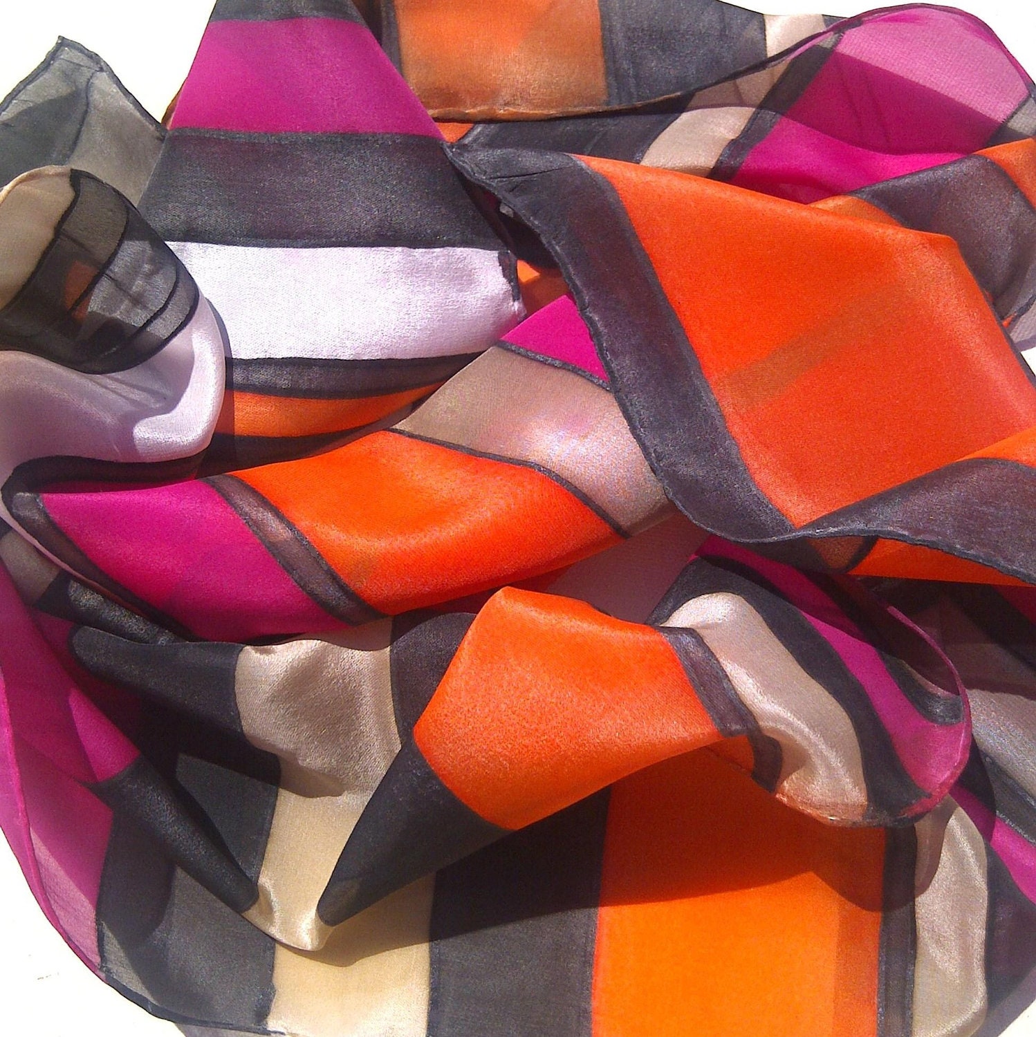 10% OFF! Hot Pink and Orange Handpainted Silk Scarf with Stripes MARMELADE Free Priority - SunandSilk