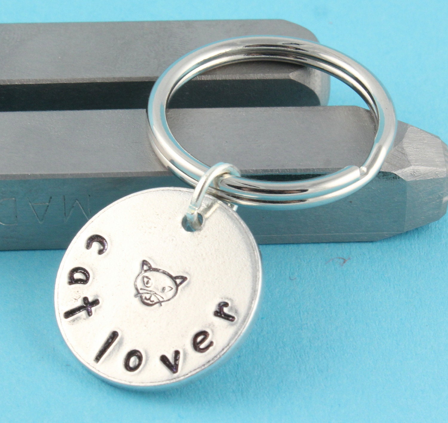 Cat Lover Handstamped Keychain - Silver Key Ring - Kitty or Kitten Key Chain