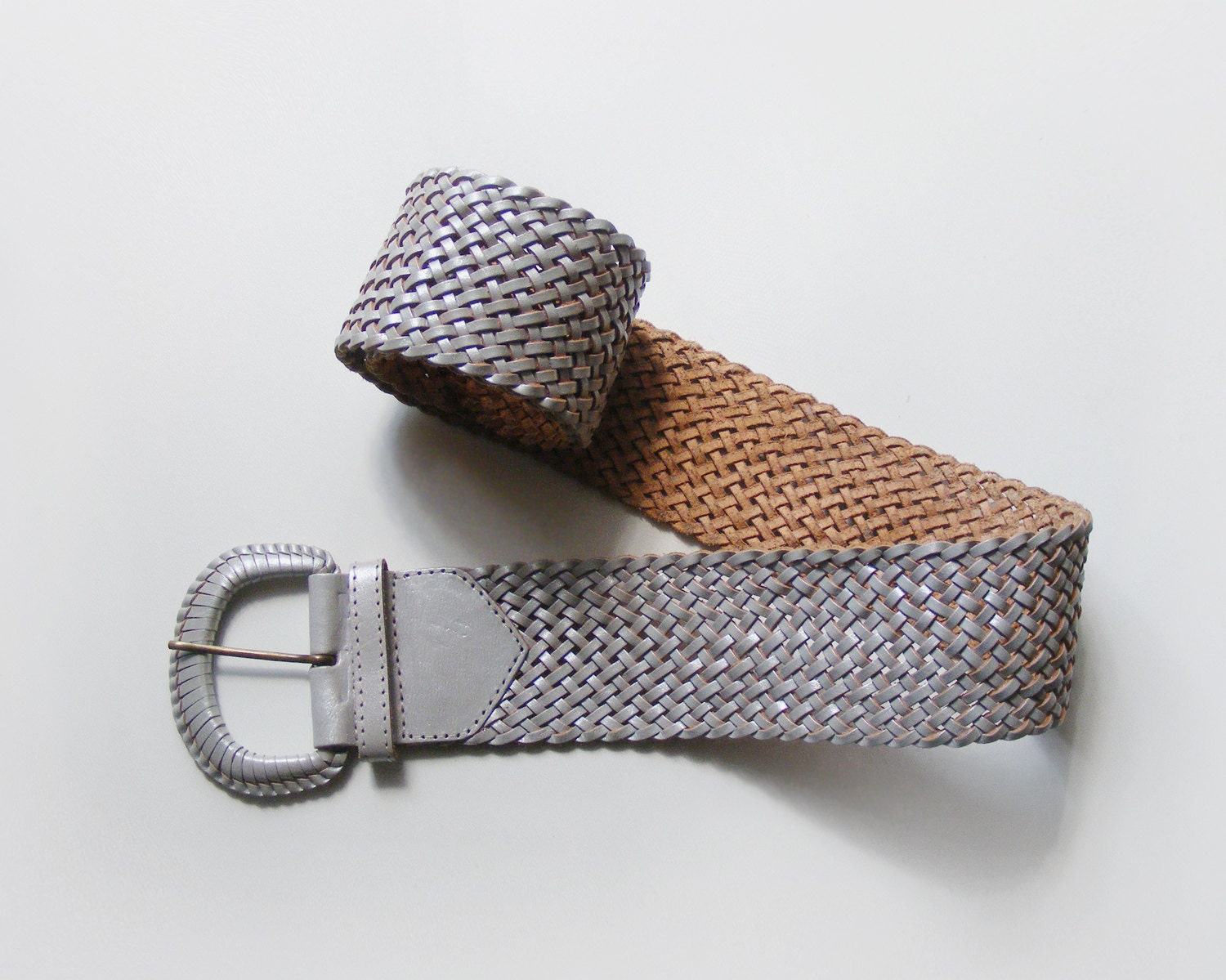 Vintage wide leather belt, silver gray braided belt made of genuine leather - plot