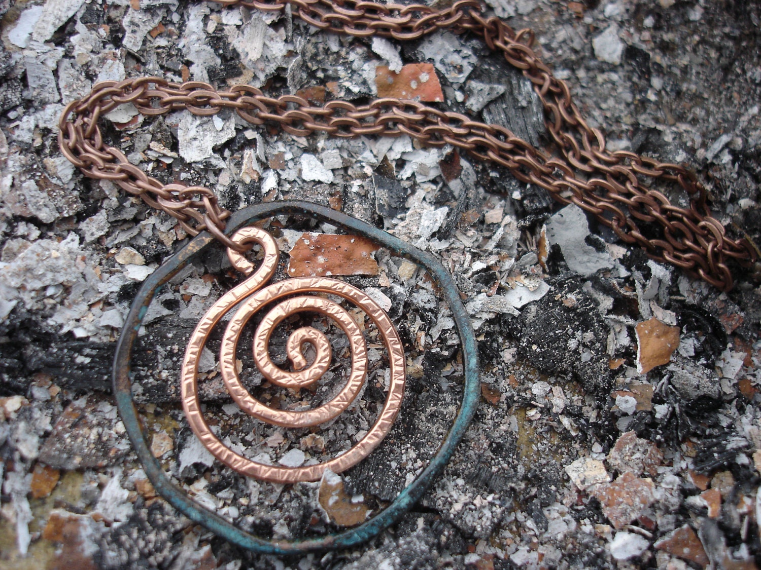 Spiral Hammered Copper Necklace, Patina Circle Ring, Life Inspired Jewelry, Inspirational, Earthy, Rustic, Nature, Natural