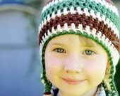 Baby Boy Hat - Stripe Green, Cream and Chocolate Brown Earflap Hat - Boy Crochet Hat