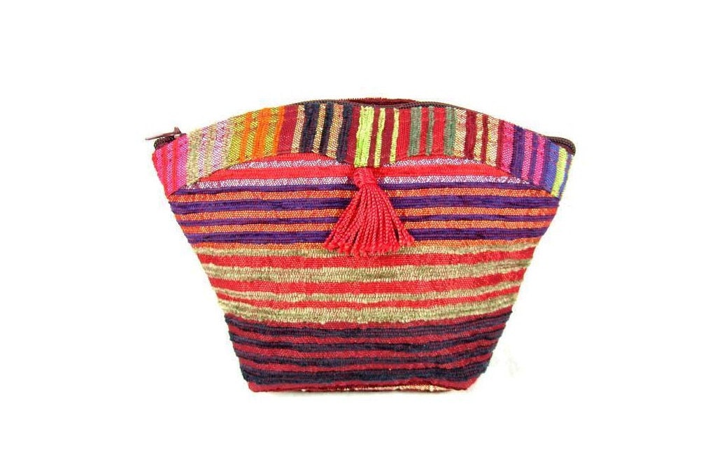 Fabric Purse Clutch Pouch Cosmetic Makeup Bag Silk Striped Red Orange Purple Green Pink