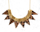 Handmade geometric bib necklace with spikes in gold leather and cowskin / N12